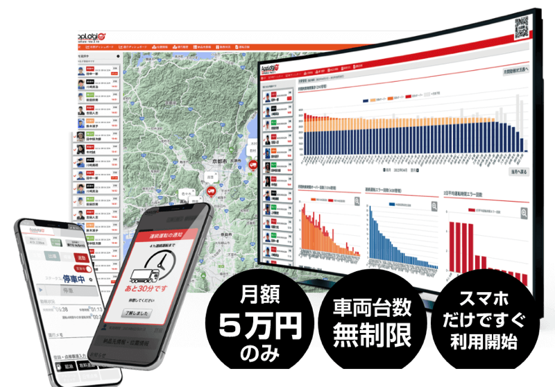 AppLogi DX Platformの管理画面とスマホアプリ。月額5万円のみ・車両台数無制限・スマホだけですぐ利用開始